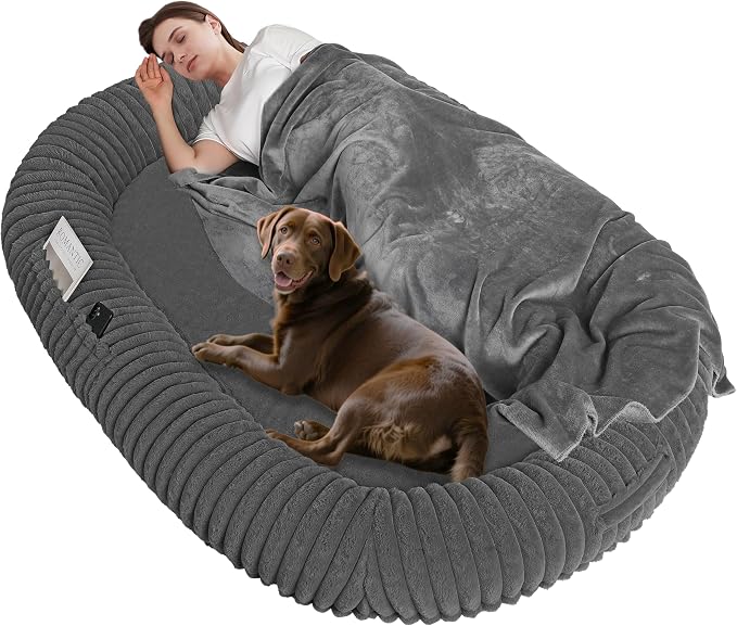 Human Dog Bed for Adult, Orthopedic Gel Memory Foam, 71"x47"x9" | Human Dog Bed Fits Adult & Pets, Reversible Egg-Crate Foam Cushion, Washable Pet Bed with Blanket, Medium Grey