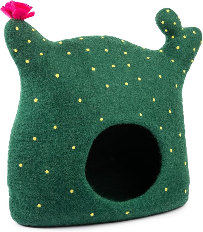Luxurious Merino Wool Cat Cave - Foldable Hideaway Pod for Indoor Cats - Premium Felt Kitten Pet Enclosure - Covered Cat House for Ultimate Cozy Comfort by Woolygon (Cactus)