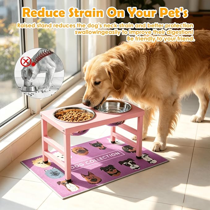 Raised Dog Bowl Stand 10 Inch Tall, Elevated Pet Feeder with 2 Stainless Steel Bowls (1700ml/58oz) & Anti-Spill Silicone Mat for Large Dogs, Stable Metal Frame Feeding Station, Pink