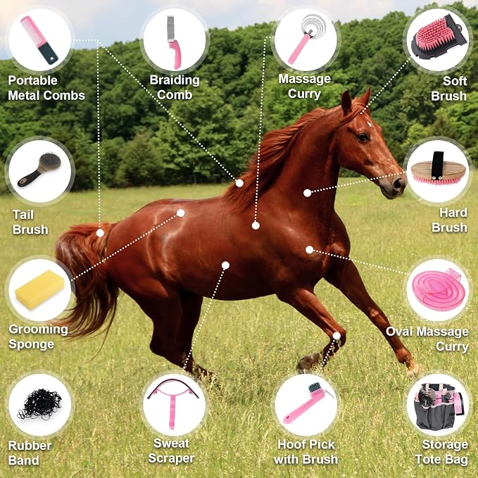 Horse Grooming Kit 13 Pack, Horse Brushes for Grooming Supplies Set with Tote Bag, Horse Tack Supplies with Gloves & Brush for Equine Care and Bathing (Pink)
