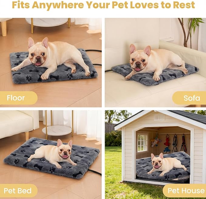 Pet Heating Pad for Cats Dogs, Heated Cat Dog Bed with 5 Temperature Levels, Timer, Auto Shut-Off, Thick Paw-Print Cover, Chew Resistant Cord for Indoor & Sheltered Outdoor Use (M: 20" x 16" x 1.3")