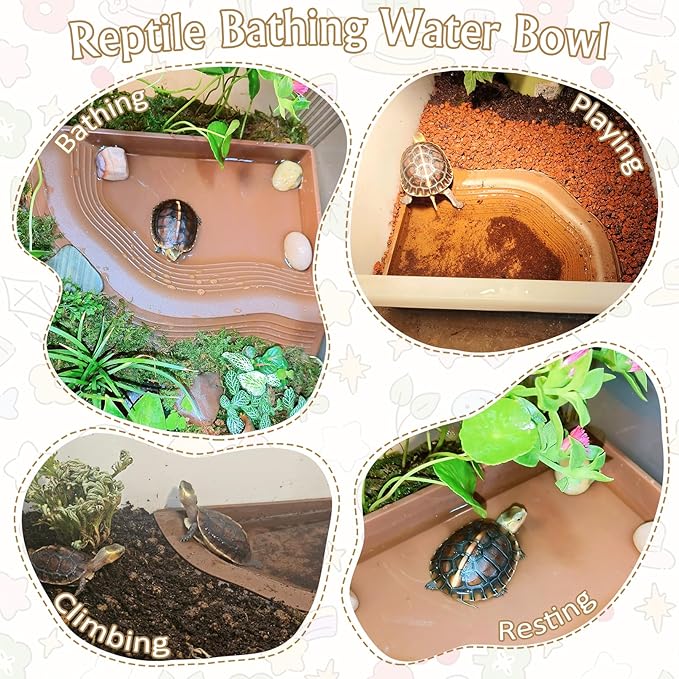 Reptile Bathing Pool 2-in-1 Tortoise Water Dish with Ramp Turtle Feeding Bowl with Steps Plastic Reptile Food & Water Dishes 7 Pcs Gecko Habitat Decoration Accessories Lizard Bath Tub