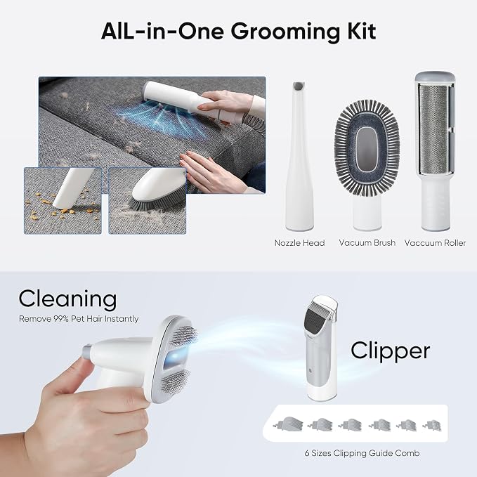 NEWBULIG Pet Grooming Vacuum Kit for Cats and Dogs, 2.5L Dust Cup | 3 Suction Modes and 5 Groomer Tools, Low Noise for Cats, Dogs Other Animals Hair Trimmer, White
