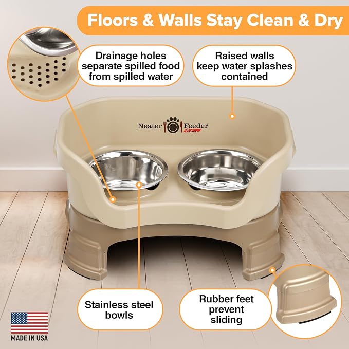 Neater Feeder Deluxe Mess-Proof Elevated Cat Bowls, 2 Height Adjustable (6” & 7.5”) No-Spill Raised Cat Bowl Stand, Whisker Friendly Stainless Steel Dishes for Indoor Cats, Made in USA, Cappuccino