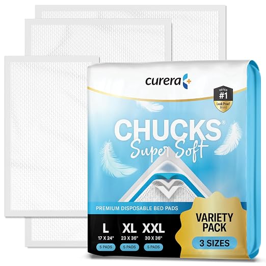 Chucks Super Soft Variety Pack - 3 Sizes - 15 Disposable Underpads - The Right Size for Every Need - (17X24", 23X36", 30X36") - Sample Our Range of Sizes or Pack Them for Your Trip | 17x24, 23x36, 30x36 Extra Absorbency Chux Bed Pads, Disposable Pee Pa...