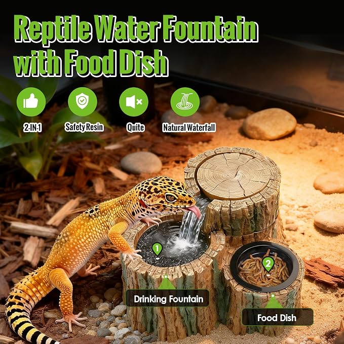 MIXJOY 2 in 1 Reptile Water Fountain with Food Dish 550ML, Reptile Waterfall Drinking Fountain with Adjustable Flow, Natural Resin, Reptile Water Dispenser for Bearded Dragon Gecko Lizard Chameleon