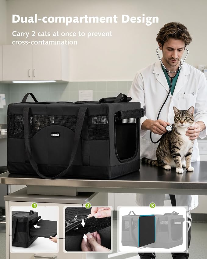 Pecute Cat Carrier, Soft Double Pet Crate for 2 Cats Travel, Dark Gray | 5mm Anti-collapse Frame, Convertible Dual Space, Foldable, Polyester Breathable mesh, Up to 26 lbs, Car Travel & Vet Visits