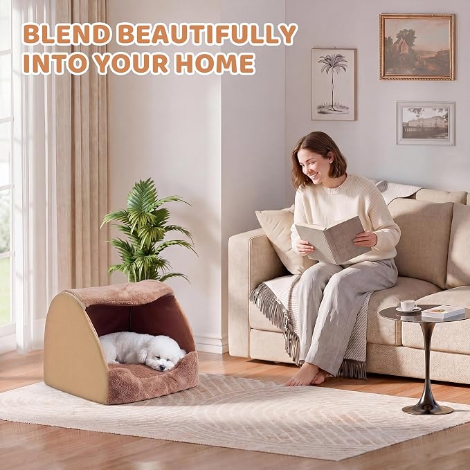 LATIBELL Indoor Puppy House Foldable Pet Tent Cave Bed ，Brown | Covered Cave Bed, For Small Dogs and Cats, Removable Washable Puppy Kennel, Soft Cushion