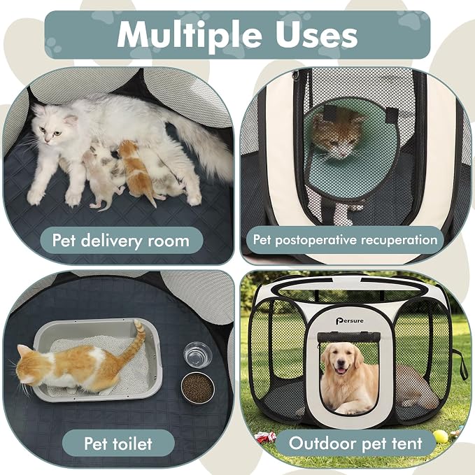 Persure Dog Cat Pet Playpen Puppy Crate Cage for Indoor Outdoor Travel | Nursing Rest Zone Recovering Pet Quarantine Room Portable Pop Up Easy to Set up lightweight Bag (White with Pad, Large