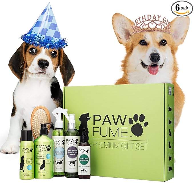 Pawfume Dog Gift Basket, 6-Piece Grooming Gift Box | 6-piece spa kit with probiotic deodorizer spray, hypoallergenic grooming mist & premium brush, Dog Gift Boxes for all breeds