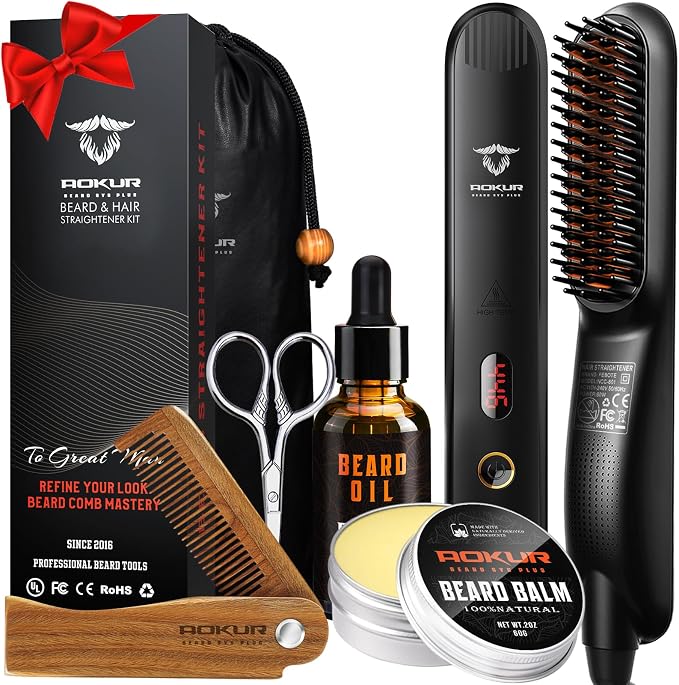 Beard Straightener for Men – 5-Temp Heated Brush with Anti-Scald Tech – Grooming Kit with Sandalwood Comb, Balm, Oil & Scissors – Gifts for Father’s Day, Anniversary & Birthdays
