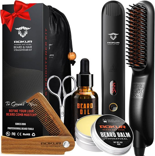 Beard Straightener for Men – 5-Temp Heated Brush with Anti-Scald Tech – Grooming Kit with Sandalwood Comb, Balm, Oil & Scissors – Gifts for Father’s Day, Anniversary & Birthdays