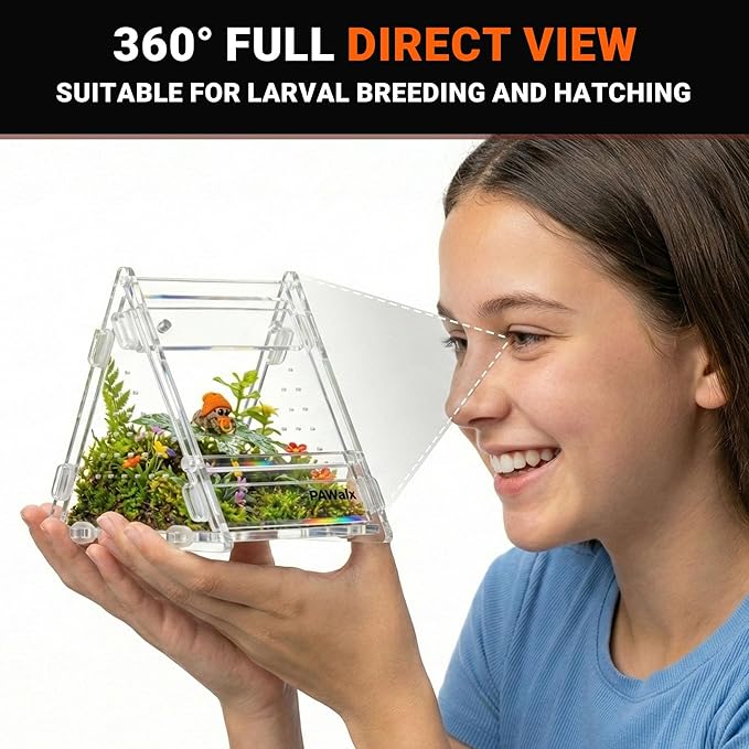 Triangular Jumping Spider Enclosure, Acrylic Terrarium with Magnetic Doors, 0.8mm Micro-Ventilation& Escape-Proof Design for Tarantulas, Lizards, Small Pets, 3.5”x3.5”x3.5”