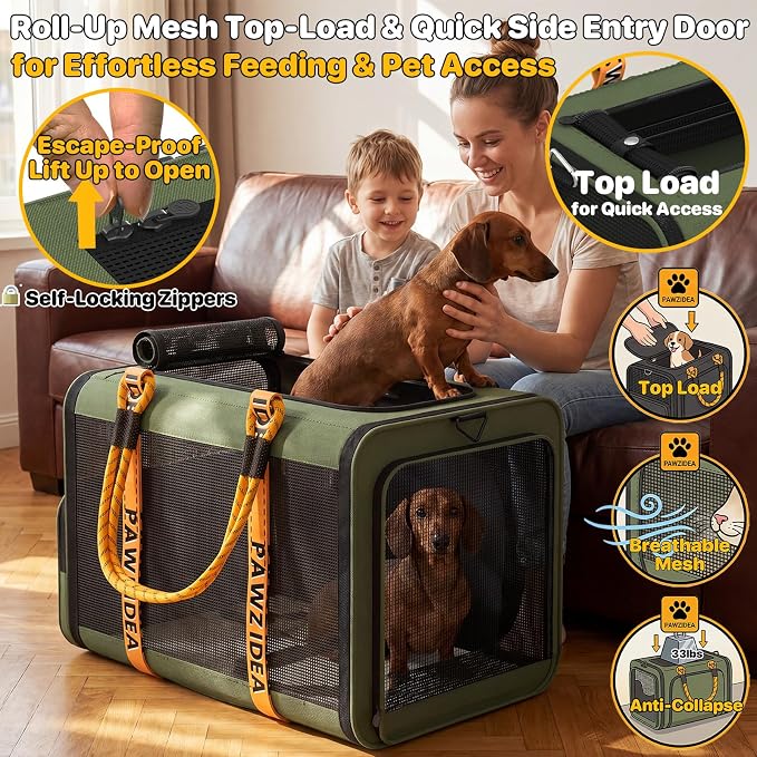 PAWZIDEA Expandable Large Pet Carrier, Soft-Sided 2–4 Cats Carrier Up 55lbs | 24"×16"×16" Collapsible Small to Medium Dog Carrier Travle Bag, Portable Dog Crate for Car Travel, Breathable, Storage Pocket