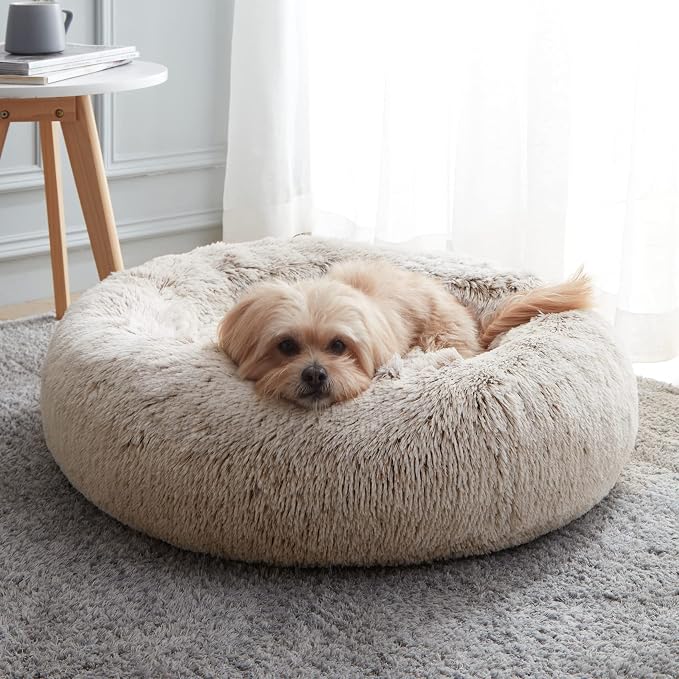 Western Home Calming Donut Small Medium Pet Dog Bed Washable,27"White Khaki | Fluffy Faux Fur Round Cuddler,Anti-Anxiety,Anti-Slip Bottom,Plush Pet Dog Beds for Small Medium Sized Dogs,Up to 35 LBS