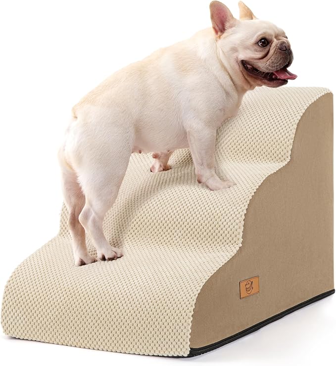 Dog Stairs for Small Dogs and Cats,Non-Slip 3 Step Pet Ramp for Couch,Khaki | High-Density Foam Support with a Gentle 3-Step Design for Easy, Comfortable Access to Couches and Sofas