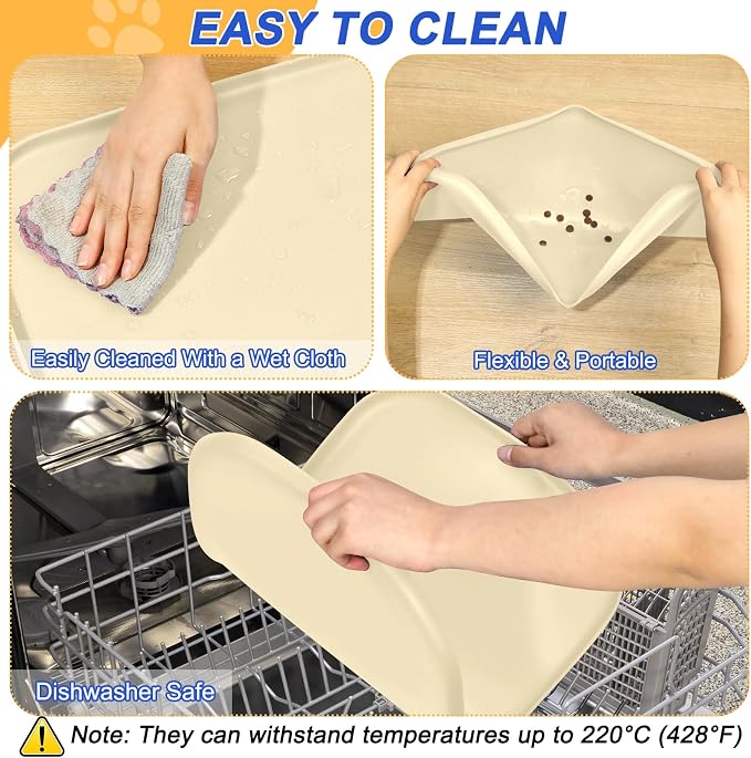 SMILOOL Silicone Pet Food Mat with Raised Edge for Food and Water Bowl, Dog Feeding Mats, Cat Food Trays for Floor Waterproof, Rubber Tray for Dogs and Cats, 22 x 14 x 0.8 White Sand(Yellow Cast)