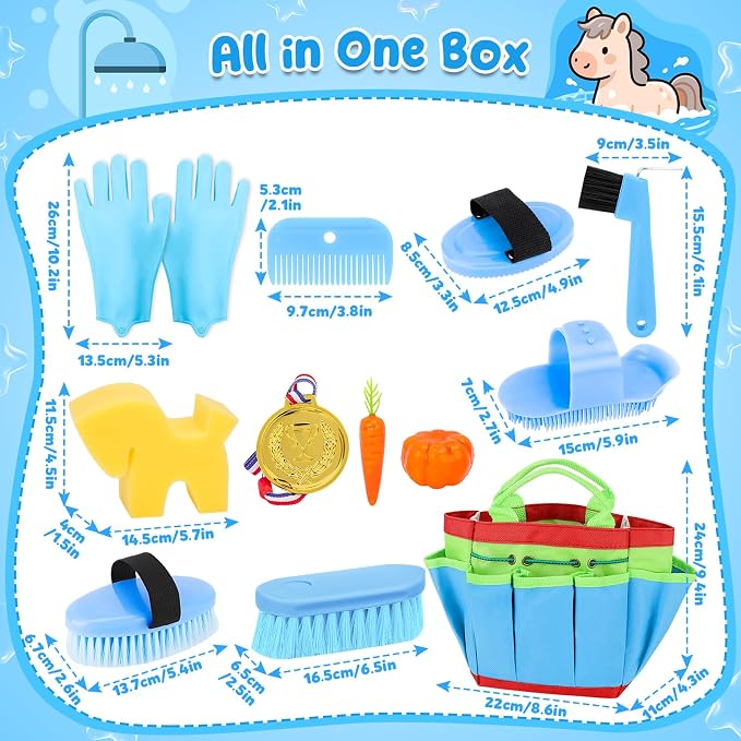 deAO Horse Grooming Brush Kit 12Pcs Horse Tack with Tote Bag,Care Tool,Blue | Realistic Horse Cleaning Playset,Includes Gloves,Tail Comb,Body Brush,Gift for Horse Riders Beginners,for Boys Girls Ages3+