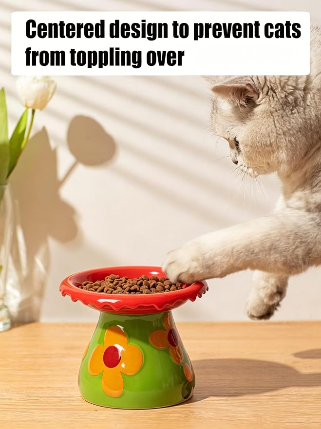 Mushroom Elevated Cat Bowls Ceramic, Cute Cat Bowls Whisker Fatigue | Raised Cat Bowl for Indoor Cats, Raised Dog Bowls Stand for Food and Water, Black 5.8" Wide for Adult Cats