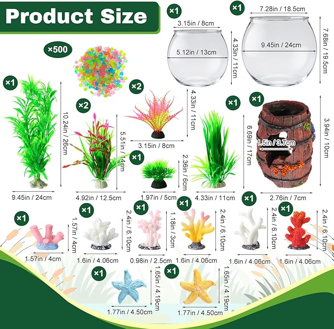 Cinnvoice 521 Pcs Plastic Fish Bowls Starter Kit, 1.5 Gallon & 0.27 Gallon Round Shatterproof Aquarium with Luminous Stones, Artificial Plants, Decor for Betta Goldfish, Small Fish Tank for Office