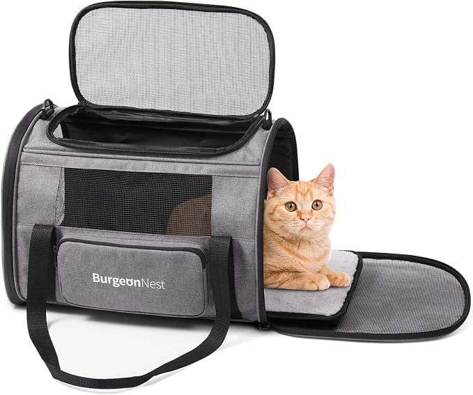 BurgeonNest Pet Carrier for Large Cats, Soft-Sided Cat Carrier for Big Cats and Small Dogs Up to 20 lbs, Top Loading Collapsible Escape-Proof Travel Cat Bag with 4 Mesh Windows & Side Storage, Grey