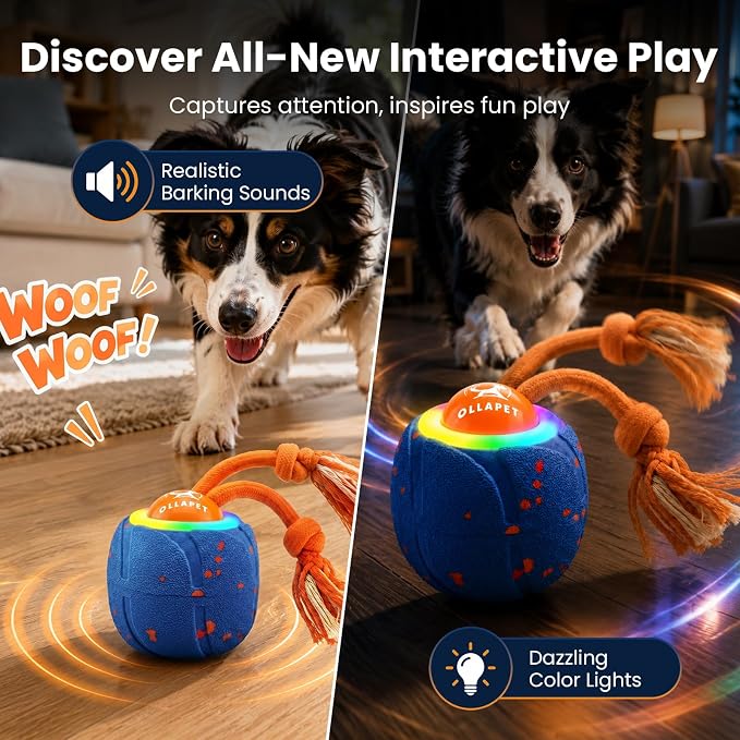 Smart Interactive Dog Toys, 3 Modes Automatic Rolling Ball, Chase Pet Toy with Rope & Barking Sound, Chew Resistant E-TPU, IPX7 Waterproof Rechargeable Ball for Medium Large Dogs, Blue