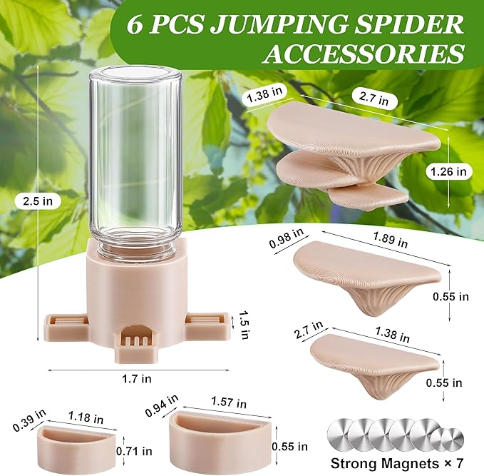 6 Pcs Jumping Spider Accessories, Mushroom Ledges & Feeding Dish and Water Dispenser, Magnets Jumping Spider Enclosure/Habitat Decor for Small Animals, Geckos, Tarantulas