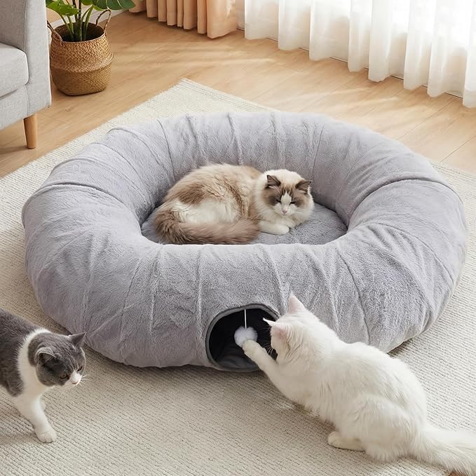 Extra Large Cat Tunnel, 47.2in Multi-Cat Family Big Cat Tunnel for Cats | Long Cat Tunnel Bed with Washable Plush Mat, XXL Pet Play Tunnel Toy for Cats, Puppy, Rabbits Grey