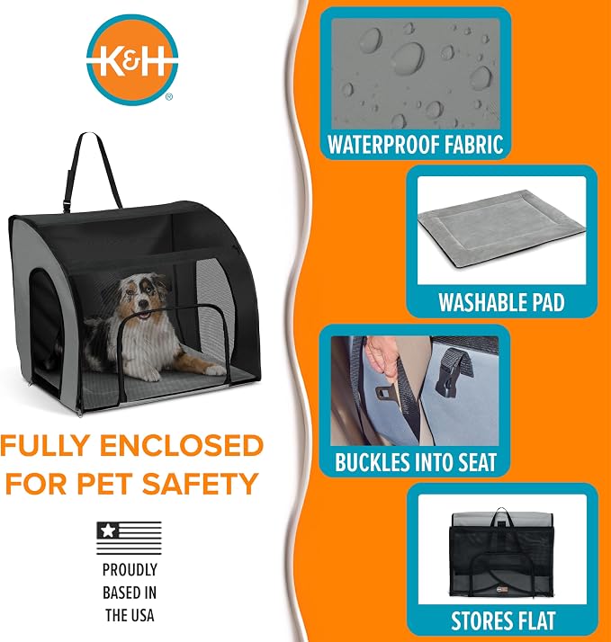 K&H Dog Car Seat, Travel Safety Carrier for Pets, Large, Gray/Black | Enclosed Car Seat for Dogs, Soft-Sided Covered Pet Carrier, Washable Pad, Multiple Entrances, Mesh Windows, 29.5x22x25.5in