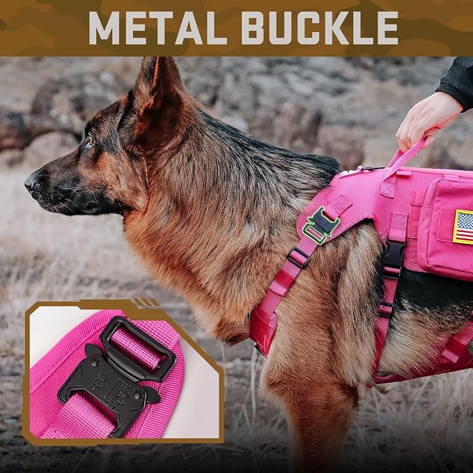 Forestpaw Pink Tactical Dog Harness for Medium Dogs,Tactical Dog Collar with Bungee Leash Set,No Pull Military Dog Harness for Walking Training,Adjustable for Medium Dogs,Chest 22-35"