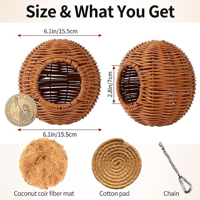 Washable & Breathable Plastic Rattan Bird Nest - Round Hanging Parrot Hammock Hut, Easy-Clean Cool Hideout for Sleeping, Egg Laying & Resting, Budgie, Lovebird, Cockatiel & Canary
