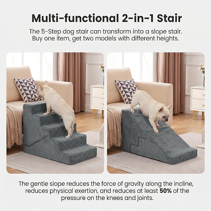 Dog Stairs for Small Dogs 22" H, 2-in-1 Transformable 5-Step Pet Stairs and Ramp, Dog Steps for Bed with Non-Slip Bottom and Washable Cover(Gray)
