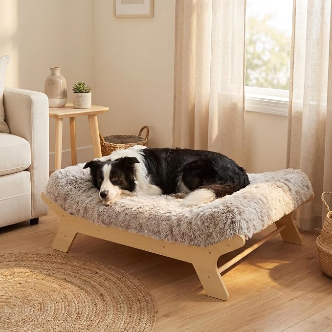 Elevated Wood Dog Bed Frame Mat Set, WoodPattern, Large | Raised Sturdy Attractive Dog Sofa Couch Furniture, 80 lb