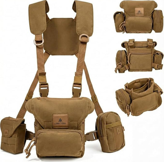 Extra Storage Bino Harness - Binocular Chest Pack, Hunting Rig | Waterproof 500D Cordura, StealthStalk quiet fabric, rangefinder pouch, silent magnetic closure