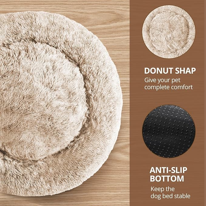 JOLLYVOGUE Calming Dog Beds Large Sized Dog, 36in Donut Washable Large Pet Bed, Anti-Slip & Anti-Anxiety Fluffy Faux Fur Round Dogs Bed, Fits up to 80 lbs Pets (Cream Brown)