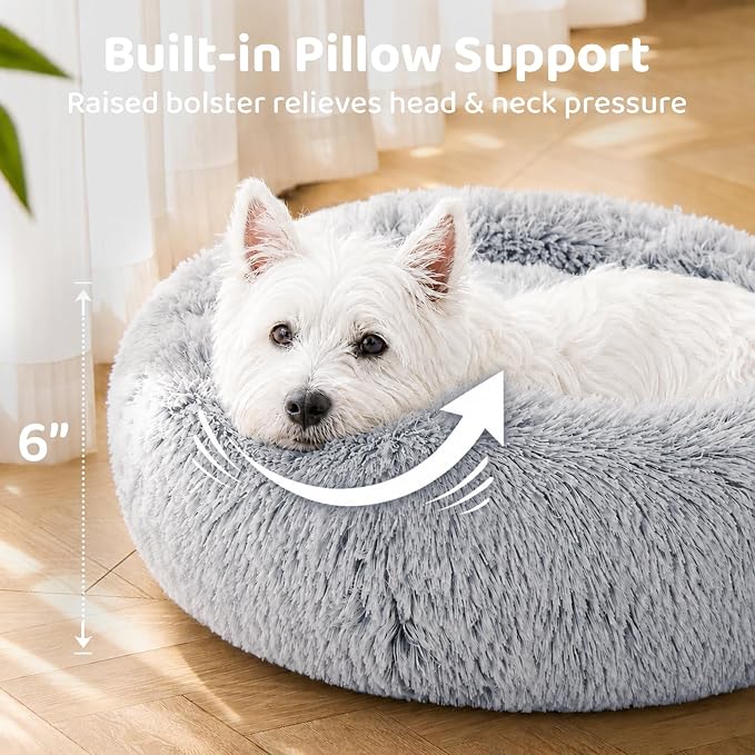 JOLLYVOGUE 23" Dog & Cat Bed, Calming Anti-Anxiety Pet Bed for Small Dogs, Fluffy Donut Cushion for Small and Medium Pets