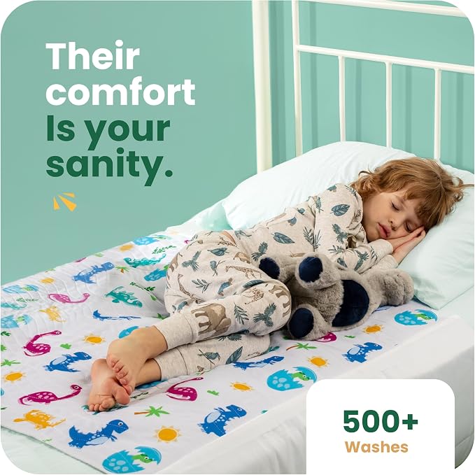 IMPROVIA® Pee Pads for Kids - Bed wetting Pads for Kids Potty Training Bed mats for Toddlers Waterproof Reuseable Washable Absorbent, Non Slip - Dino Design - Twin Size 34”x36