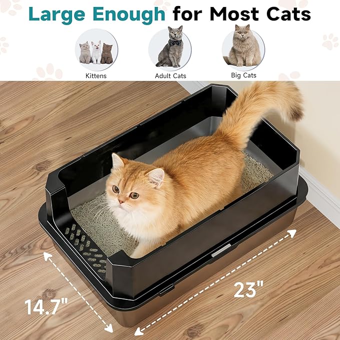TENTIZON Stainless Steel Cat Litter Box with Lid, Large Covered Enclosed Kitty Litterbox with Hood, Flip Top, High Side, Litter Mat, Scoop for Big Cats, Kitten, No Odor, No Mess, Easy Clean, Black