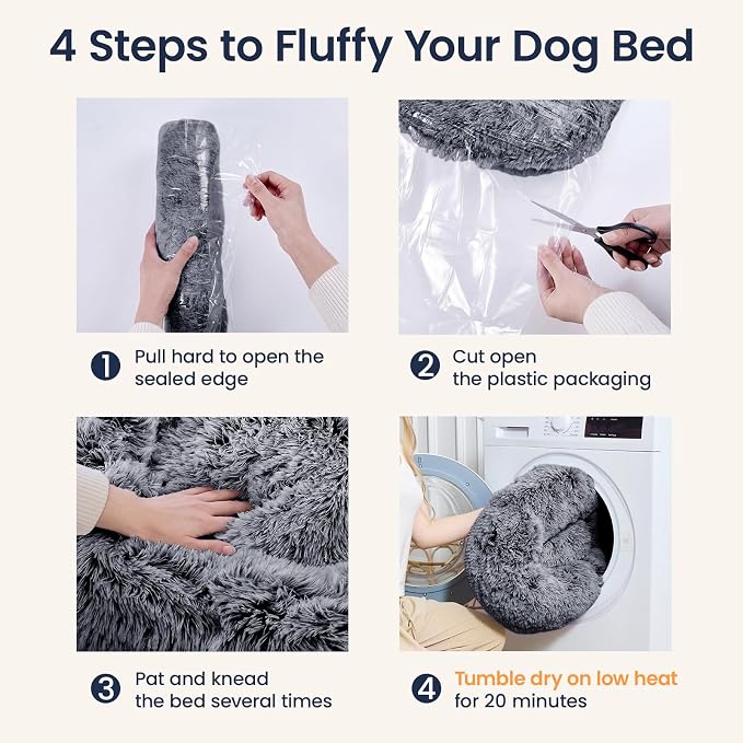 JOLLYVOGUE Calming Dog Beds Extra Large Sized Dog, 45in Donut Washable Large Pet Bed, Anti-Slip & Anti-Anxiety Fluffy Faux Fur Round Dogs Bed, Fits up to 125 lbs Pets (Smoke Black)