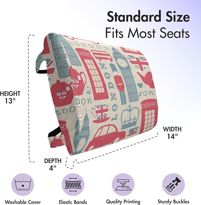 Ambesonne London Lumbar Back Support Pillow, Popular British Culture Elements Retro Colors Flag Patterned Hearts, High Density Foam for Office Chairs Car Seats, 14" x 13", Coral Bluegrey