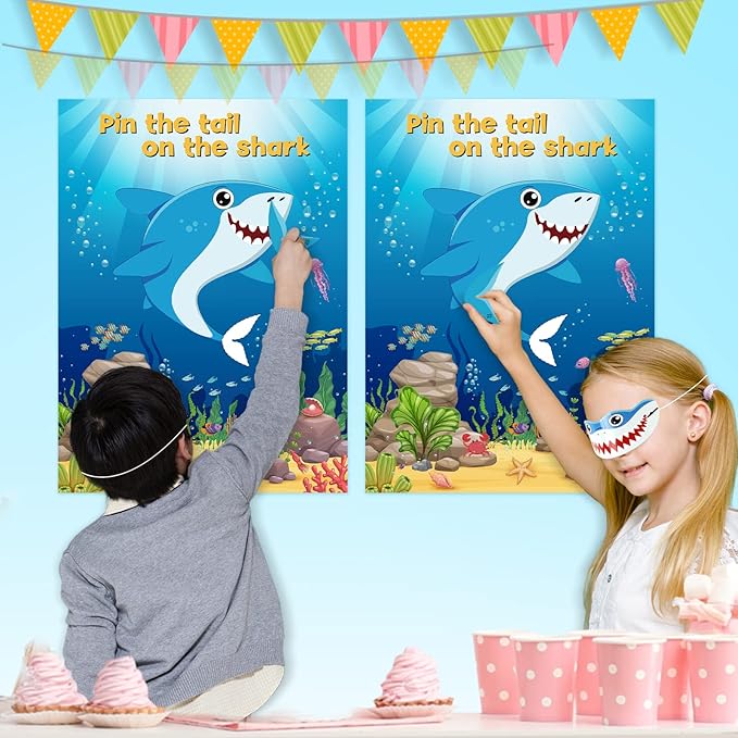 NEBURORA 2 Pack Pin The Tail on The Shark Party Game,2 Large 21"x 28" Posters with 48pcs Stickers for Multiplayer Shark Themed Birthday Party Supplies Decorations for Kids Boys Wall Home Decor