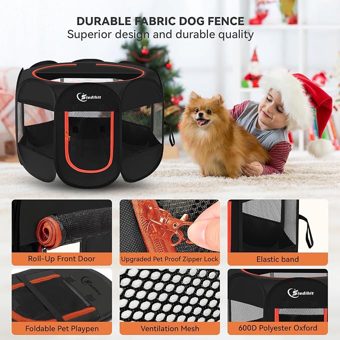 Siedihit Dog Playpen, Puppy Pet Playpens Indoor for Medium Dogs Tent | Crates Cage Indoor/Outdoor, Portable Pop Up Dog Kennel Playpen with Carrying Case for Dogs/Cats/Rabbits, Black