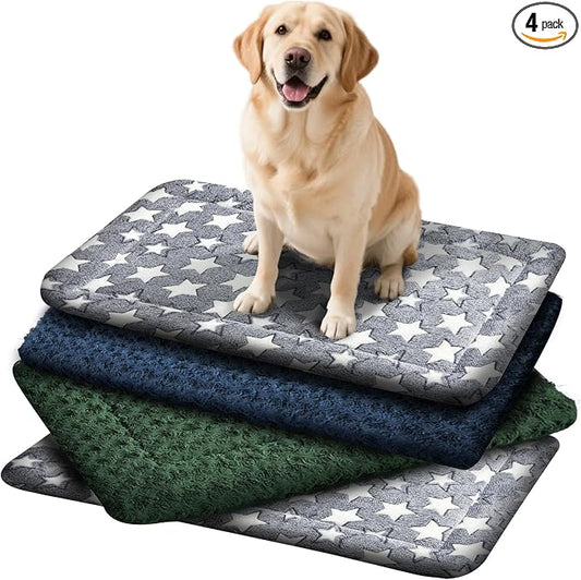 4 Pcs Washable Dog Bed Plush Orthopedic Outdoor Crate Mat with Non-Slip Bottom,Luxe Kennel Pad for Pets,Cozy Cage Cushion&Pet Sleeping Mattress Large Sized,Medium,Small Dogs,35 x 23 inch,Color Blend