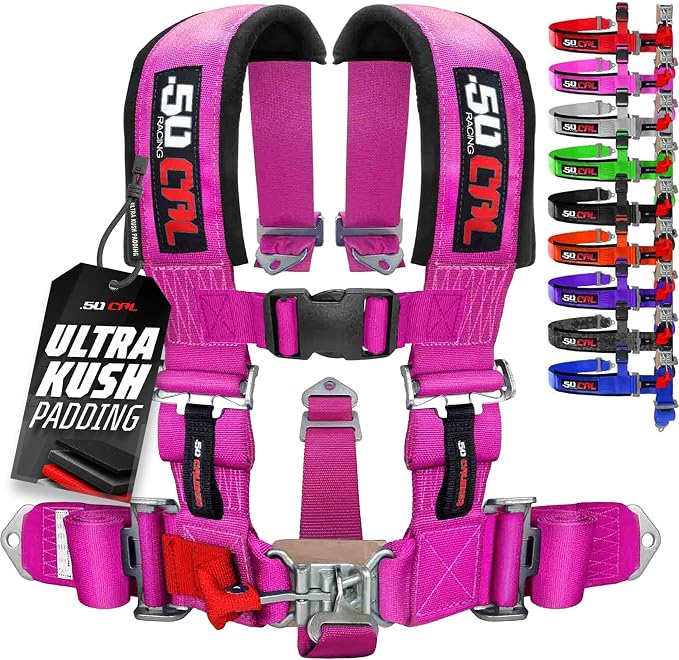 1pc 50 Cal Pink 5 Point Harness w/ 2" straps, Racing Harness Seat Belt | Ultra Kush padding, Race latch quick release hardware. Universal Fit for UTV, RZR, race car. Part# 6009A2