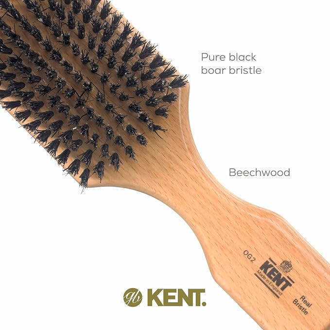 Kent OG2 Beechwood Club HairBrush, 100% Natural Boar Bristle for Mens Grooming, All Hair Types and Beard Lengths, Travel Size with Hair Brush Cleaner, Slick Back Hair brush