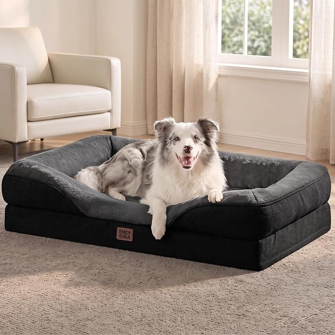 EHEYCIGA Orthopedic XL Dog Bed for Large Sized Dog, 42x30 Inch Extra Large Memory Foam Dog Couch Bed with Sides, Waterproof Liner & Washable Removable Cover, Bolster Pet Sofa, Grey/Black