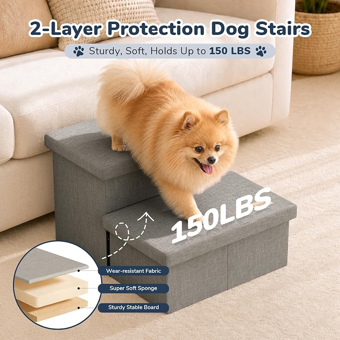2-Step Wide Dog Stairs with Storage 11" H, Non-Slip Sturdy Pet Steps for Couch Chair, Dog Steps for Small/Medium Old Dogs, Cats, Rabbits Up to 150lbs, Foldable Cat Puppy Stairs for Car, Grey