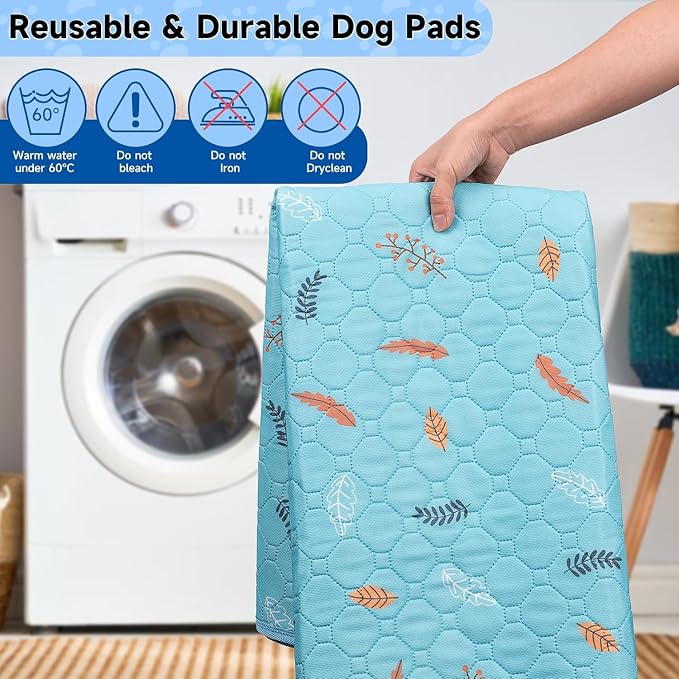 Sunheir Washable Pee Pads for Dogs Large 24" x 72" 2-Pack Reusable Puppy Pads Pet Training Pads, Absorb Dog Mats, Whelping Pad, Non-Slip Protects Against Urine Leakage, Runner Rug (Leaves - Sky Blue)