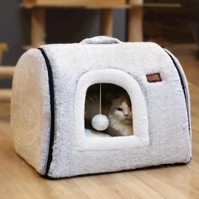 cat Bed cave-cat beds for Indoor Cats,Soft and Comfortable Cute Pet Bed，cat House,with Removable Washable Cushioned Pillow,Enclosed cat Bed,Kitty pet hut、Hideaway,Small Large Dog Tent (Grey)