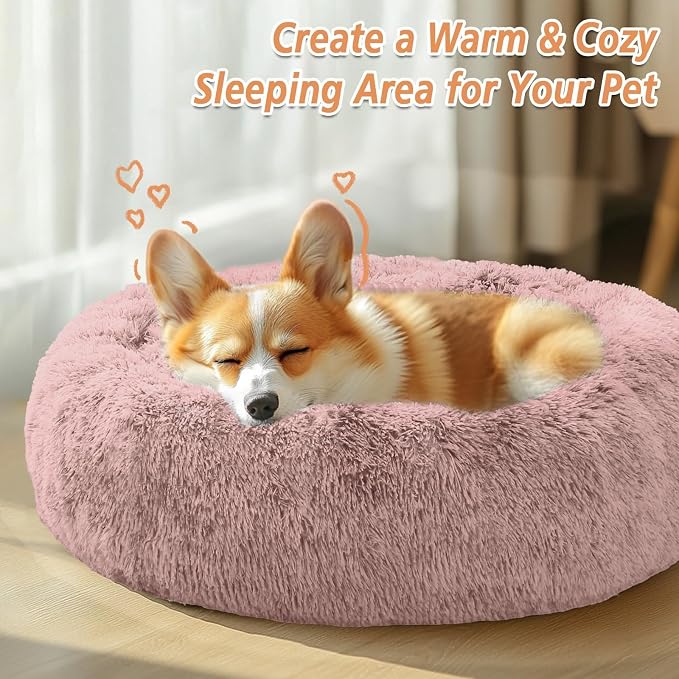 JOLLYVOGUE Calming Dog Bed Medium Size Dog, 31in Donut Washable Medium Pet Bed, Anti-Slip & Anti-Anxiety Fluffy Faux Fur Round Dogs Bed, Fits up to 45 lbs Pets (Dark Pink)